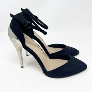 ASOS BLACK FAUX SUEDE SILVER METAL SOOKE ANKLE STRAP HEELS WOMENS UK6/US8